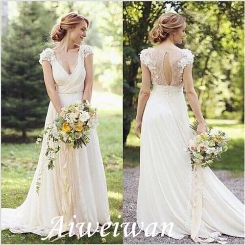 A-Line Wedding Dresses V Neck Sweep / Brush Train Lace Cap Sleeve Country Romantic Illusion Detail Backless with Appliques 2021