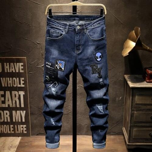 Embroidery Boutique European Men Brand Slim Jeans Denim Trousers Stretch Blue Patchwork Hole Pants For Men Ripped Jeans JS1059