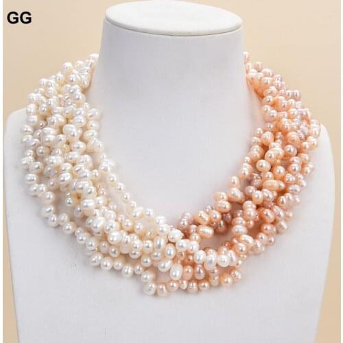 GuaiGuai Jewelry 7 Strands 18'' Top-drilled Natural White Pink Rice Pearl Necklace