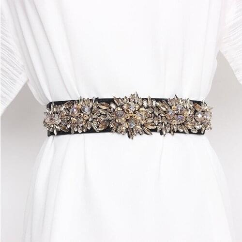 Womens runway fashion rhinestone beaded elastic Cummerbunds female Dress Corsets Waistband Belts decoration wide belt R2988