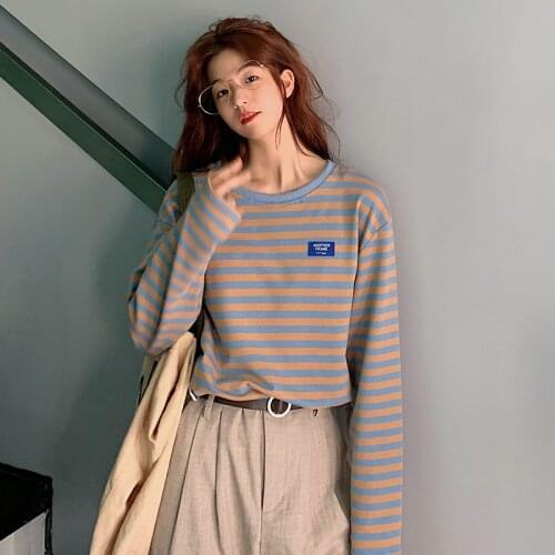 Womens T-shirts Tops Japanese Kawaii Ladies Ulzzang Loose College Striped T-shirt Female Korean Harajuku Clothes For Women