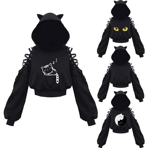 Women Fashion Cute Dark Series Printing Sweatshirt Casual Bandage Long Sleeve Exposed Navel Hooded T-shirt 4 type 2021 Explosion