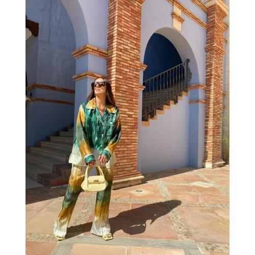 2021 New Summer Women Vintage Two-Piece Set Tie Dye Single-Breasted Shirt Elastic High Waist Casual Trousers Pants Set