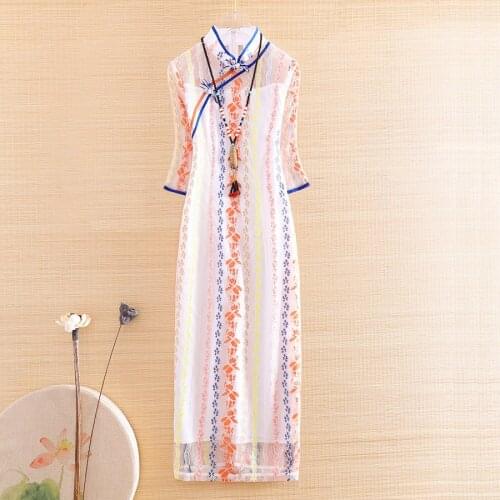 High-end Summer Chinese Style Women Cheongsam Lace Dress Retro Embroidery Elegant Lady Slim Party Qiapao Dress S-XXL