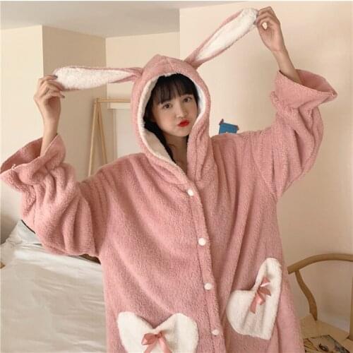 Y2K Freak Winter Warm Thick Fur Women Bedroom Set Bunny Ear Pajama Set Lovely Cute Nightgown
