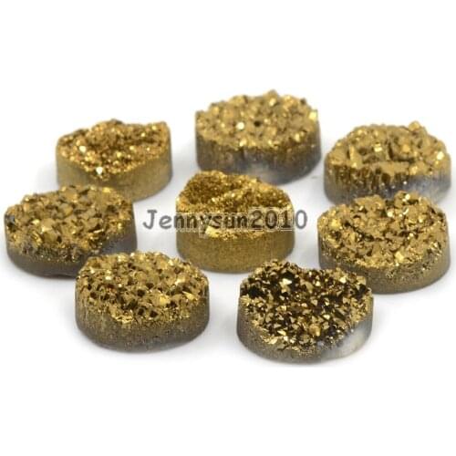 12mm Metallic Gold (No Hole) Druzy Quartz Ag-ate Flat Back Connector Round Cabochon Beads Jewelry 10 Pcs /Pack