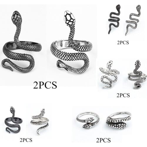 2PCS Punk Vintage Black Snake Ring For Men Women Gothic Hiphop Rock Open Adjustable Animals Finger Ring Party Jewelry Gift R158