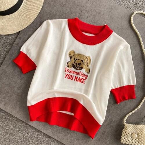2021 New design fashion womens color block o-neck bear letter embroidery short sleeve knitted t-shirt summer tops
