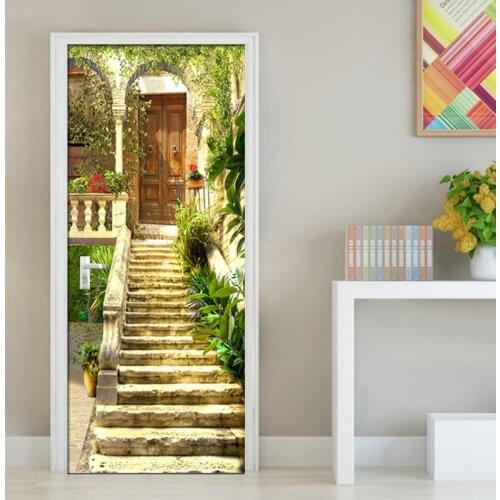 Garden Seaview 3D Mural PVC Wallpaper Door Sticker Living Room Bedroom Waterproof Door Wallpaper Home Decoration Modern Fresco