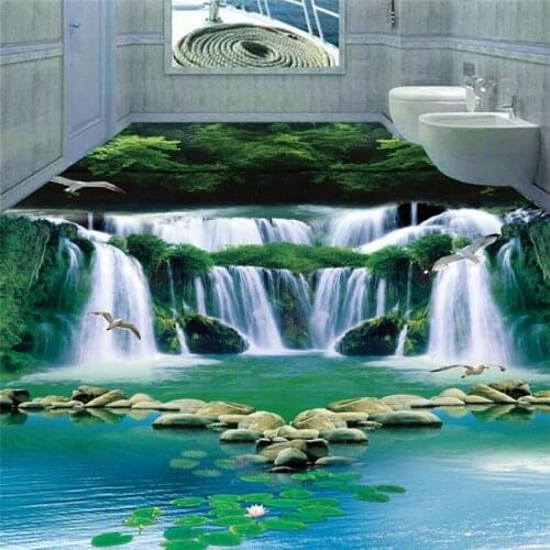 Beibehang Large custom flooring fantasy waterfall water green forest 3D bathroom bedroom home decoration