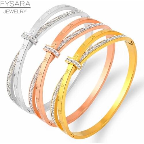 FYSARA Retro Roman Numeral Bracelet For Women Stainless Steel Jewelry White Rhinestone Knot Bracelets Full Crystals Gold Bangle