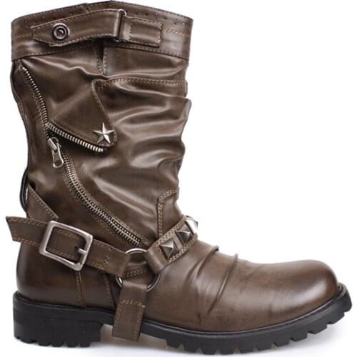 Christia Bella Winter Men Round Toe Long Boots Cowboy Party Male Large Size Buckle Boots Genuine Leather Mens Fashion Boots