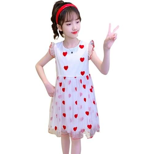 Kids Dresses For Girls Mesh Party Dress For Girls Heart Pattern Kid Dress Summer Childrens Clothing 6 8 10 12 14