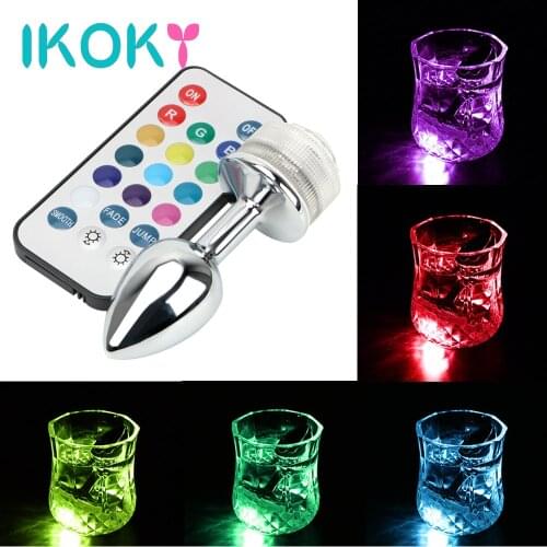 IKOKY LED Light Metal Anal Plug Stainless Steel Butt Plug No Vibrator Remote Control Prostate Massager Sex Toys For Couples