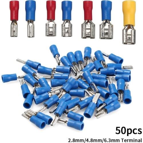 50Pcs Female Red/Blue/Yellow 2.8mm/4.8mm/6.3mm Insulated Spade Wire Connector Electrical Crimp Terminal