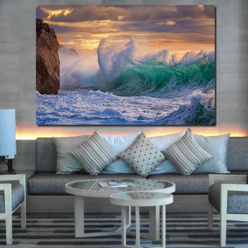 JQHYART Printing Oil Painting Wall painting clouds of the storm waves rock Sea Sky Wall Art Picture For Living Room