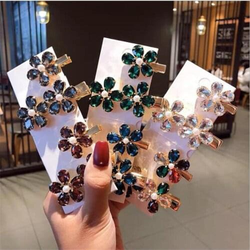2pcs Fashion Women Luxury Shining Crystal Flower Alloy Hairpins Sweet Hair Clips Barrettes Headband Fashion Hair Accessories