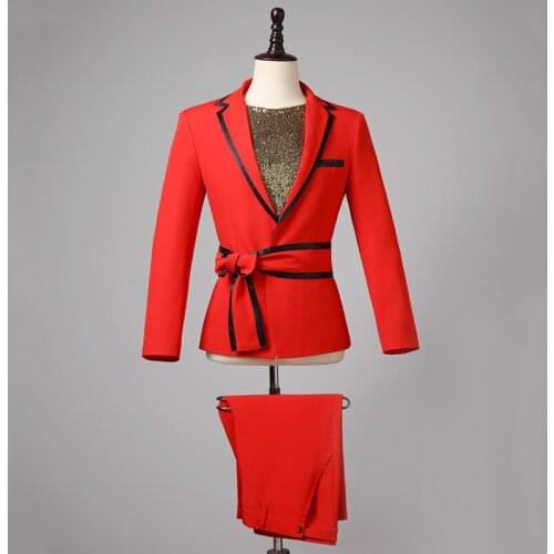 2 Piece Red Performance Suit Bar Nightclub Male Singer Dancer Stage Performance Set Dance Group Festival Evening Party Costume