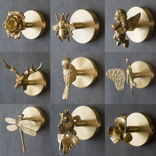 LZSM Light Luxury Retro Brass No Punching No Nail Hook Hanging Clothes Hook Creative Wall Decoration Hook