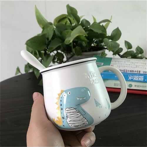 350ml Korean Style Cute Crocodile Mugs Cartoon Dinosaur Student Children Milk Mug with Lid Spoon Ceramic Breakfast Cup
