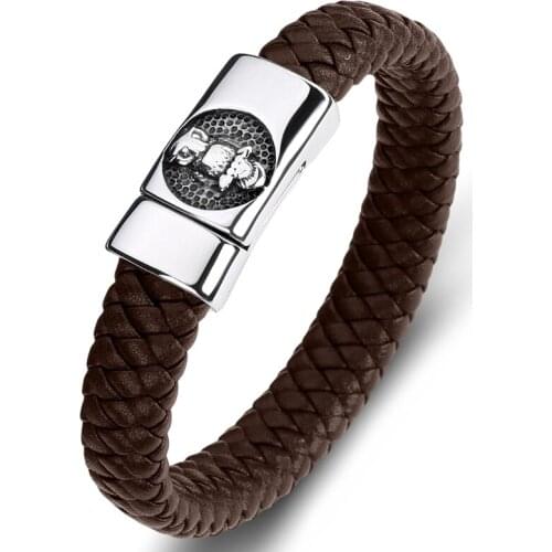 Multicolor Trendy Braided Leather Bracelet Men Punk Rock Handmade Jewelry Stainless Steel Owl Weave Bangles Male Wristband P088