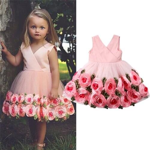 Elegant Pretty Princess 3D Rose Flower Girl Dress Wedding Formal Party Gown Bowknot Dresses Girls Clothing Sets Birthday Gift