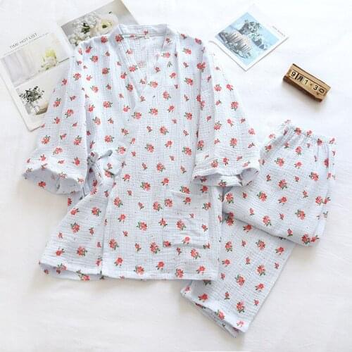 Spring and Summer New Japanese Kimono Two-piece Ladies Pajamas Three-quarter Sleeve Trousers with Casual Floral Home Service Set
