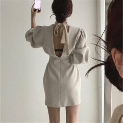 New Vintage Womens Woolen Dress Fall Korean Elegance Sexy Backless Lace Up Slim-fit Puff Sleeve Mini Dress For Female 2020