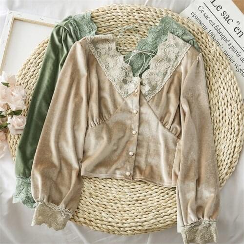 New Vintage Autumn Women Velvet Blouses Lady Spring Long Sleeve V-neck Blusas Ladies Lace-up Shirts Basic Tops Pullovers WZ1099