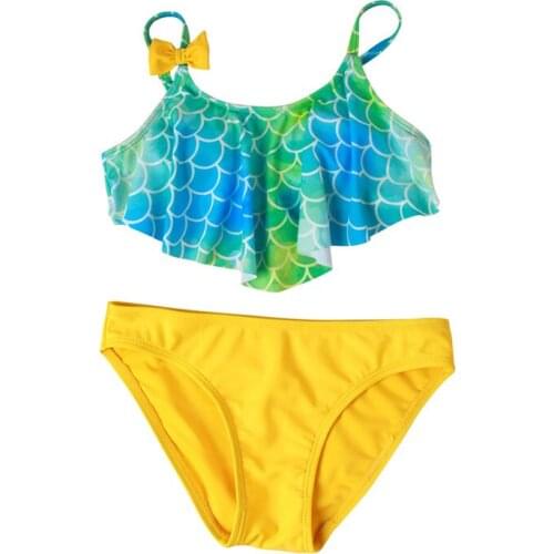 Kids Baby Girls 2Pcs Swimwear Sleeveless Fish Scale Print Bow Patchwork Sling Tops Solid Color Triangle Bottoms Panties Bathing