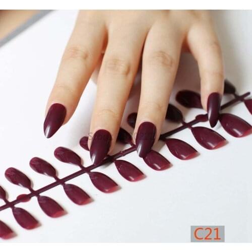 Solid color madam Long pointed candy false nails 24pcs tail tip Nail tablets Vampire color C21