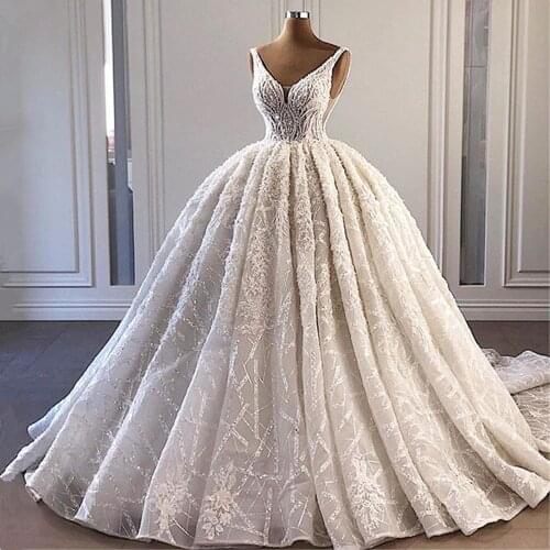 Luxury Lace Beads Ball Gown Wedding Dress 2021 Vestido De Noiva Romantic V Neck Tank Sleeve Wedding Bridal Gowns Robe De Mariage