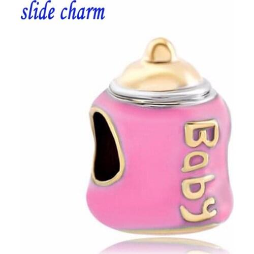 Slide charm Free shipping Mothers Day gift Pink baby bottle amulet charm beads fit Pandora bracelet
