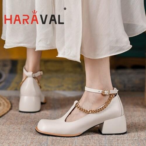HARAVAL Women Pumps Shoes High Heels White Black Round Toe White Black Mary Janes Metal Decoration Shoes Women Casual Solid A328