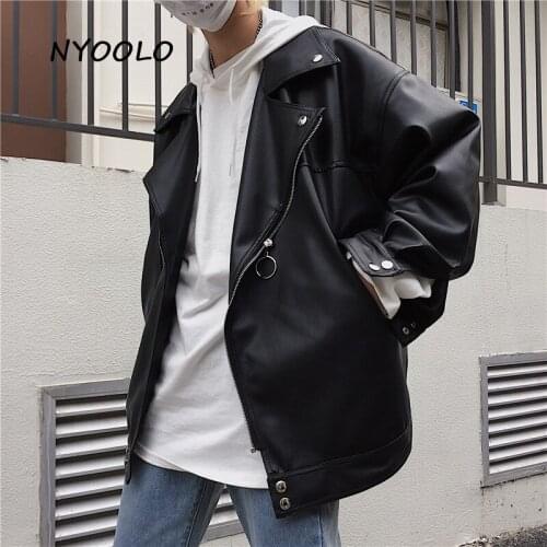 NYOOLO Harajuku street pocket pu leather motorcycle jacket Autumn winter long sleeve Iron ring zipper jacket women men outerwear