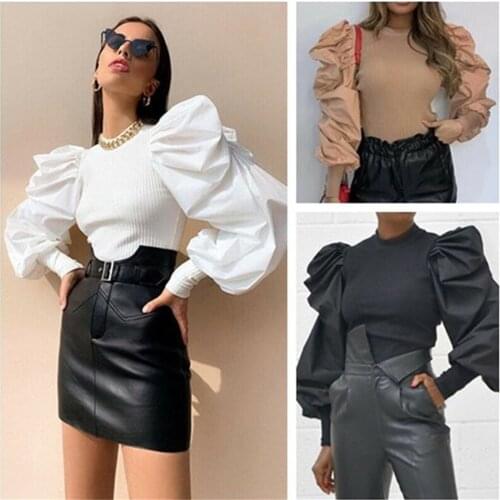 2021 Retro Womens Long Puff Sleeve Blouse Shirt Spring Fall Black White Solid Fashion Elegant Blouses Tops Female Blusas Clothes