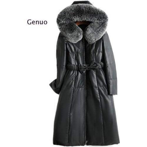 2020 Pu Leather Jacket Women Winter Big Imitation Mink Fur Collar Long Coat Mid-Length Slim Elegant Put Cotton Fashionable Parka