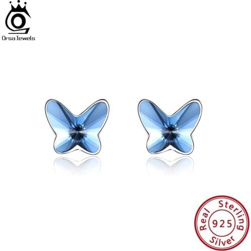 ORSA JEWELS Cute Blue Lucky Butterfly 925 Sterling Silver Stud Earrings Elegant Austrain Crystal Valentines Day Gift SWE04