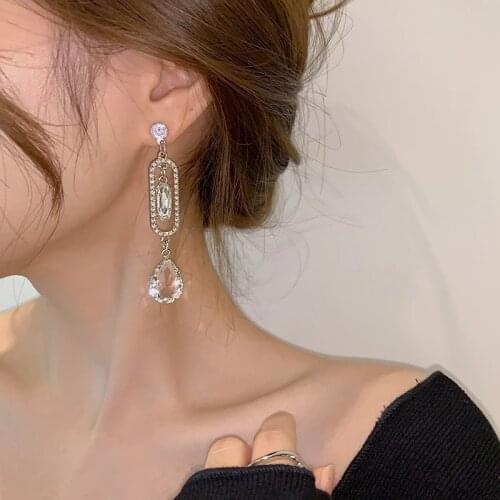 Korean Fashion Rhinestone Siver Color Hollow Square Long Drop Earrings For Women Girls Waterdrop Crystal Oorbellen Jewelry