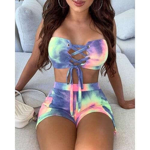Women Yoga Suit Beachwear Printing and Dyeing Sports Bikinis Set Summer Swimsuit Sexy Bandage Lace Up Crop Tops Bathing Suits