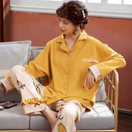 Women Pajamas Set 100% Cotton Pajamas for Women knitted Pijama Letter Print Lingerie Plus Size Pyjama Femme Night Sleepwear