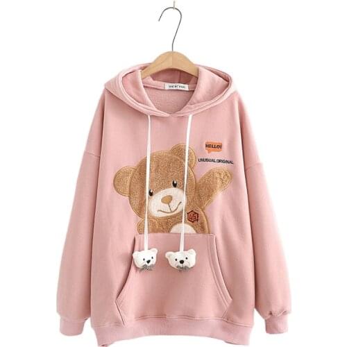 2020 Winter Women Kawaii Cartoon Bear Plush Patch Warm Thick Hooded Sweatshirts Girls Plus Fleece Cute Hoodies Pullovers 2010108