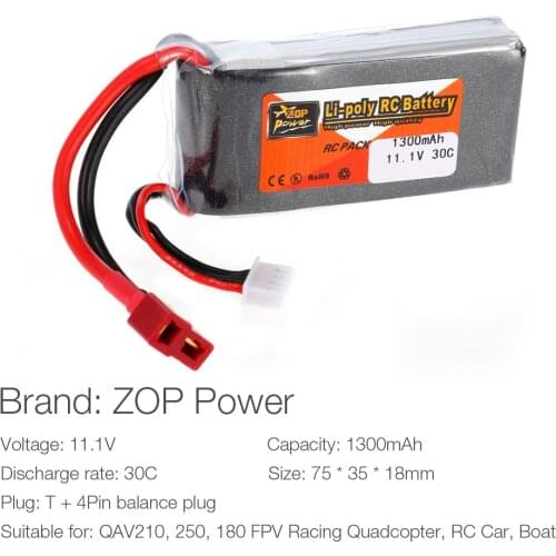 ZOP Power 3S 11.1V 1300mAh 30C T Plug LiPo Battery for QAV250 H210 LS180 FPV Racing Quadcopter RC Car Boat