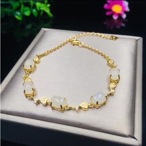 925 Silver Gold Chain Inlay White HeTian Jade Beads Lucky Bracelet Certificate For Women Fine Jewelry
