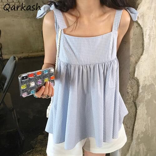 Camisole Women Plaid Chic Cute Style Summer Loose Bowknot Design Female Sleeveless Basic Korean Girls Casual Holiday Tens Tops
