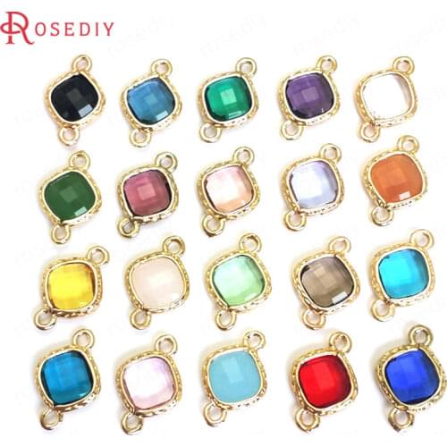 C590)10 pieces 16x10mm 19x13mm 24K Champagne Gold Color Brass and Glass 2 Holes Square Connect Charms Pendants Diy Accessories