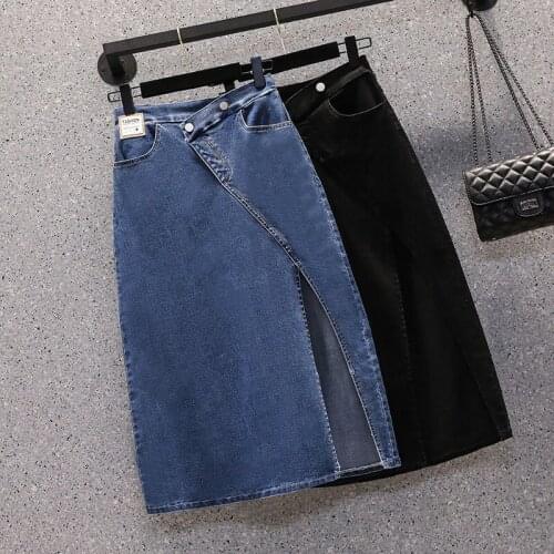 Retro High Waist Denim Skirt Female Summer 2021 New Large Size Fashion Slit Slim A-Line One Step Skirt Midi Jeans Faldas zh1523