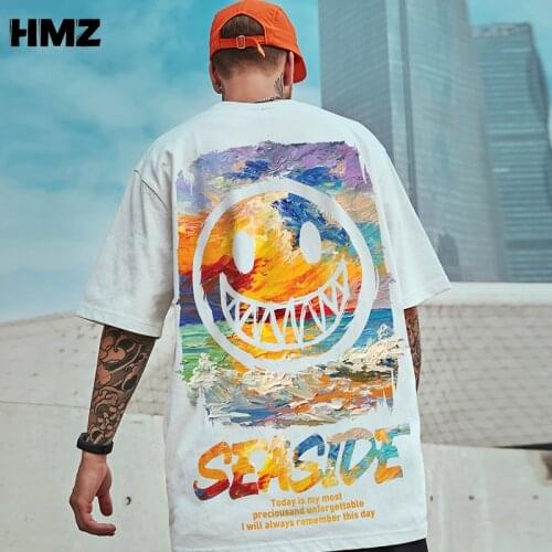 HMZ Hip Hop Tee Men T Shirt Short Sleeve Loose Oil Painting Smiley Tshirt Summer Male Streetwear Oversized tshirt Mens Clothing