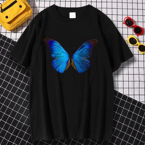 Short Sleeve Fashion Male Tshirts Spring Summer Tee Shirts Beautiful Blue Butterfly Printing Tops Casual Vintage Tees Shirt Men