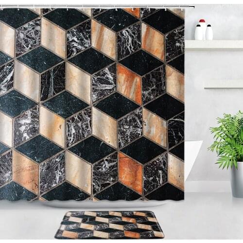 Marble Geometric Shower Curtains Bath Mats Set 3D Cube Gradient Pattern Flannel Bathroom Carpet Door Pad Non-slip Rug Home Decor